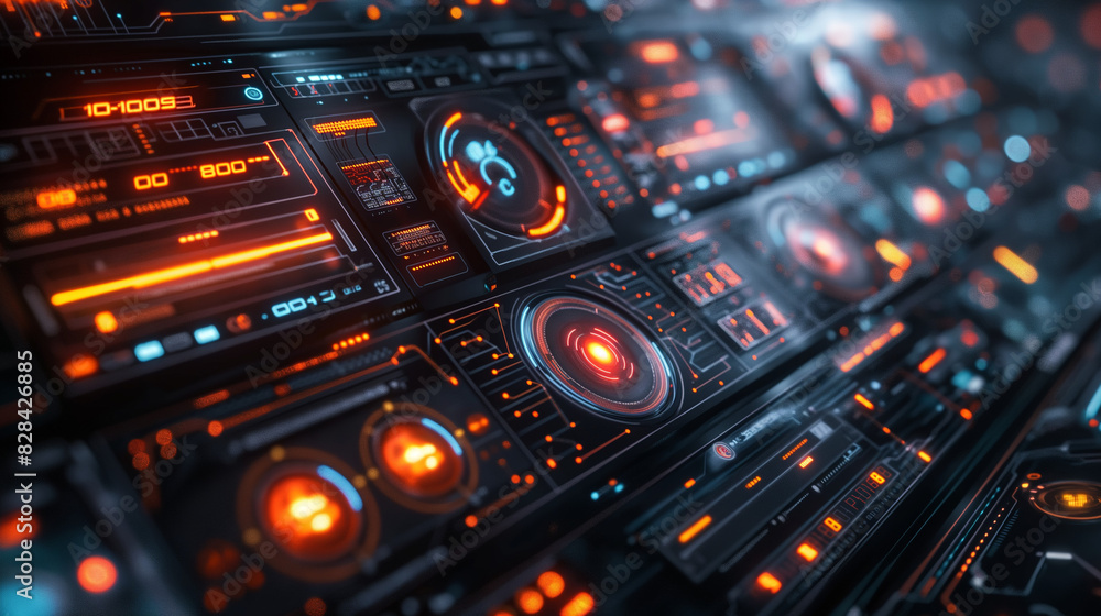 Poster futuristic graphical user interface data screen on a dark background.