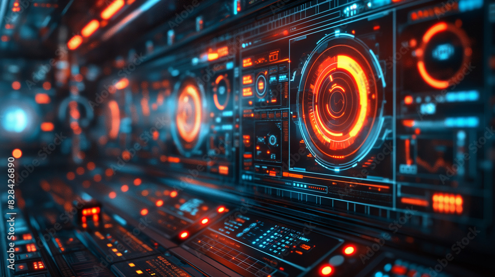 Poster futuristic graphical user interface data screen on a dark background.