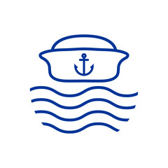 Logo Nautical. Silueta de sombrero de marinero de barco con líneas con olas de mar