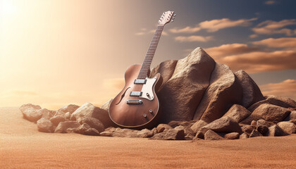 A guitar is sitting on a pile of rocks in a desert