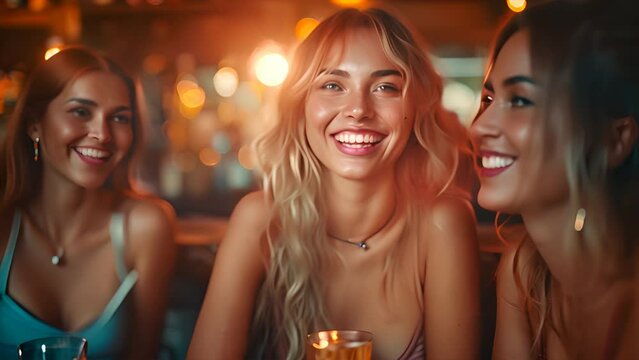 a group of smiling and laughing girls drinking cocktails and playing a boardgame in an industrial bar,generative ai