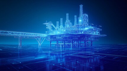 A wireframe model of an offshore oil rig