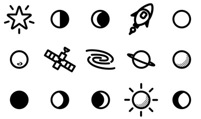 Set Of Celestial Icons Silhouette Vector Logo Design Containing Moon,Astronomy,Space,Heavens,Celestial Stroke Icon Collection. Vector Illustration