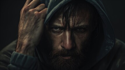 A man with a beard and a hoodie is looking down. He has his hands on his head