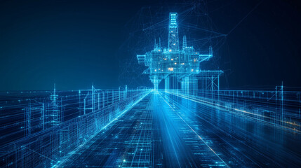 A wireframe model of an offshore oil rig