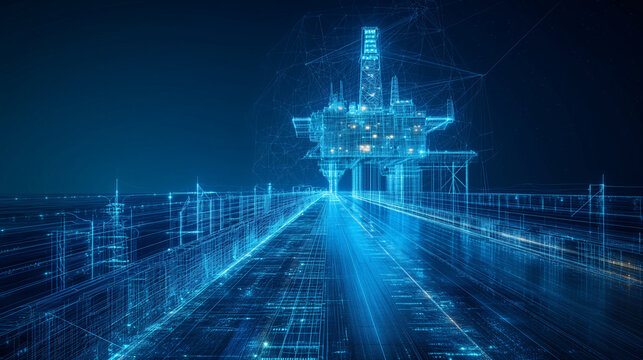 A wireframe model of an offshore oil rig