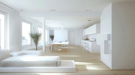 Minimalist living room with white walls, a white futon, and an open floor plan that emphasizes space