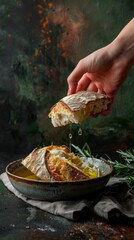Hand tearing cheesy bread over rustic bowl in artistic kitchen setting