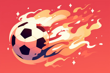 Flaming soccer ball on red background. Epic goal. World championship cup. International football match. Creative concept of professional sport and leisure, energy and power. Banner with copy space