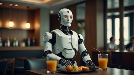 Robot waiter serving a juice on tray in a modern hotel restaurant.