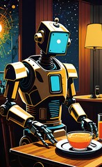 Robot waiter serving a juice on tray in a modern hotel restaurant.