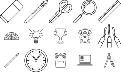Set Of Linear Back To School Line Black Isolated Silhouette Solid Icons With Stationery,Art,School,Science,Clock Set Vector Flat Line Icons