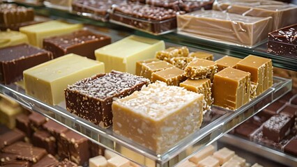 Discover unique flavors like coconut lime and pineapple ginger in the stands selection of homemade fudge.