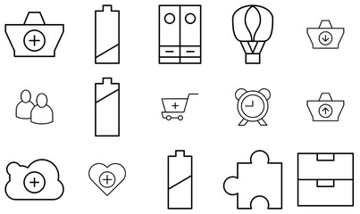 A Collection Of Awesome _ Thin Icons Silhouette Vector Logo Design Containing Battery,Basket,Add,Market,Power Infographic Simple Vector Illustration Logo