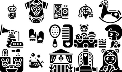 Set Of Linear Baby Essentials Glyph Isolated Silhouette Solid Icons With Infant,Hygiene,Care,Bedroom,Baby Solid Icon Collection. Vector Illustration