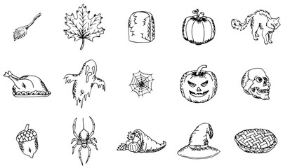 A Collection Of Autumn Holidays Thanksgiving Halloween Icons Silhouette Vector Logo Design Containing Thanksgiving,Horror,Halloween,Hand-Drawn,Autumn Infographic Simple Vector Illustration Logo