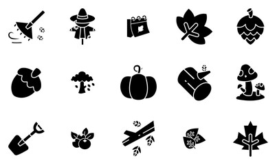 A Collection Of Autumn Icons Collection Isolated Silhouette Solid Icons Including Autumn,Branch,Shovel,Maple-Leaf,Season Simple Black Style Symbol Sign For Apps And Website, Vector Illustration