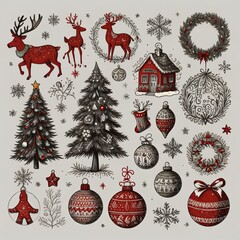 Set of doodle christmas illustrations in vector on isolated white background.