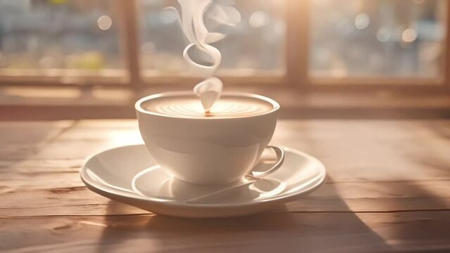 latte art in a coffee cup on wooden table