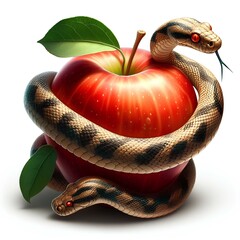 The original sin. Digital painting of an apple and a snake on a white background.