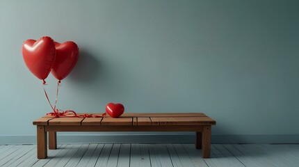 Two red heart shaped balloons tied to the wooden bench on a light blue background with space for copy.