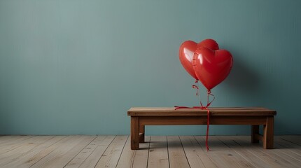 Two red heart shaped balloons tied to the wooden bench on a light blue background with space for copy.