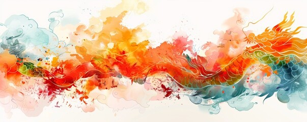 Obraz premium A painting of a dragon with orange and blue colors. The dragon is long and has a lot of detail. The painting has a lot of splatters and seems to be abstract