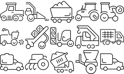 Set Of Agricultural Machinery Icons Collection Isolated Silhouette Solid Icons Including Farm,Agricultural,Harvester,Transport,Farming Pictograms And Infographics Design Elements Vector Illustration