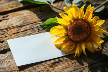 Sunflower with Blank Card, Bright sunflower and blank card, Invitation and Nature, Cheerful Message, free space