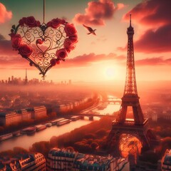 Valentine's Day in Paris. Eiffel Tower at sunset, Paris, France. Romantic love background.
