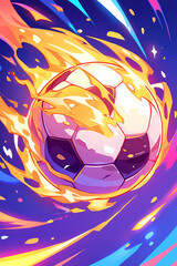 Flaming soccer ball on purple background. Epic goal. World championship cup. International football match. Creative concept of professional sport and leisure, energy and power. Banner with copy space