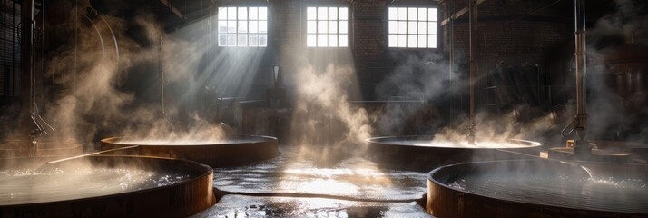 Steam billows out of vats of tanning solution in a dramatic low-angle shot, evoking the sensory experience of a tannery in action