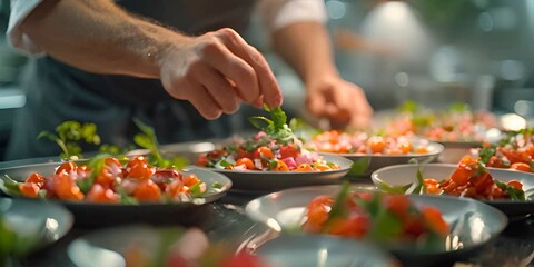 A chef garnishes gourmet dishes in a dimly lit kitchen, highlighting the artistry and precision of fine dining generatrive ai