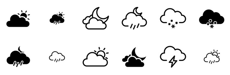 Set Of Linear Weather Icons Silhouette Vector Logo Design Containing Cloud,Rain-Cloud,Cloudy,Rain,Weather Solid Icon Collection. Vector Illustration