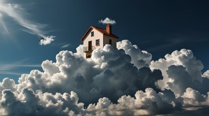 House figure flying on the single cloud on the sky among other white clouds.