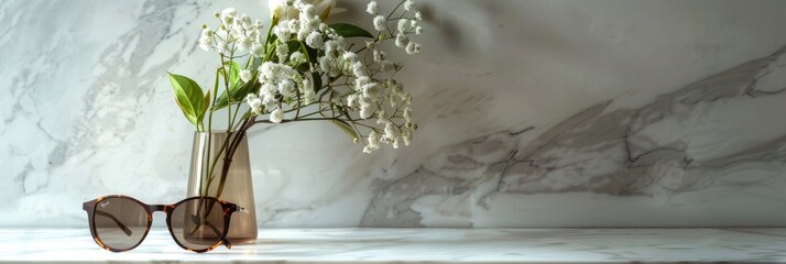 A vase filled with fresh flowers next to a pair of sunglasses on a marble surface