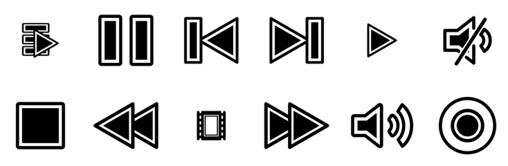 Set Of Video Player Icons Web Header Banner Design Containing Previous,Media,Video,Stop,Film Vector Illustration Linear Pictogram Pack