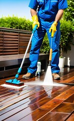 Man cleaning the terrace wooden floor with high pressure cleaner.
