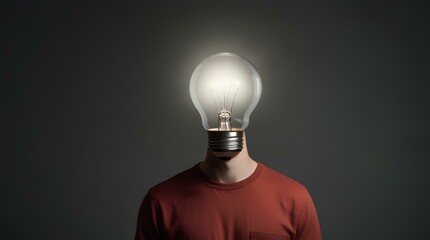Open book on the head of a young man and light bulb glowing above the book on isolated grey background with space for copy.