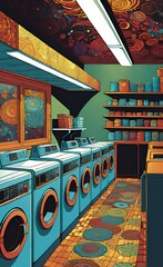 Modern laundry shop interior with counter and washing machines.