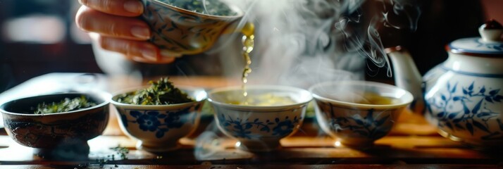 A person is pouring tea into a cup on a wooden table as part of a traditional herbal tea ceremony. Steam rises from the aromatic herbs - Powered by Adobe