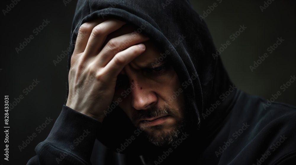 Wall mural A man is wearing a black hoodie and is looking down. He is frowning and he is in a state of distress