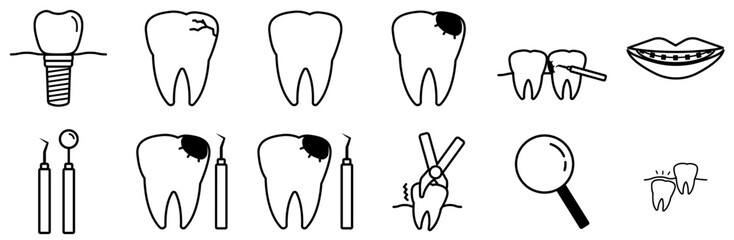 Set Of Linear Tooth Vector Symbols Apps, Websites Ui Designs Suitable For Dental-Treatment,Dentist,Decayed-Tooth,Dental-Caries,Cavity Vector Icon Set Linear Pictogram Pack