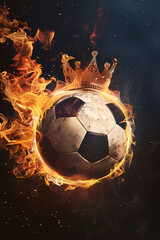 Fototapeta premium Flaming soccer ball with golden crown on black background. Epic goal, winner. World championship cup. Sport bet, football match betting. Banner, poster or card with copy space
