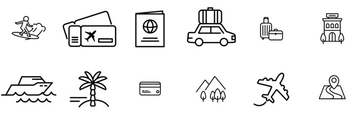 Mega Set Of Vector Tour And Travel Overview Icon Set Vector Plot Icons Web Header Banner Design Containing Vacation,Ticket,Travel,Lodging,Sea Set Vector Flat Line Icons