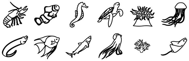 A Collection Of The Florida Aquarium Icons Silhouette Vector Logo Design Containing Reef,Aquarium,Coral-Reef,Fish,Ocean Business Infographic Elements Logo Vector Illustration