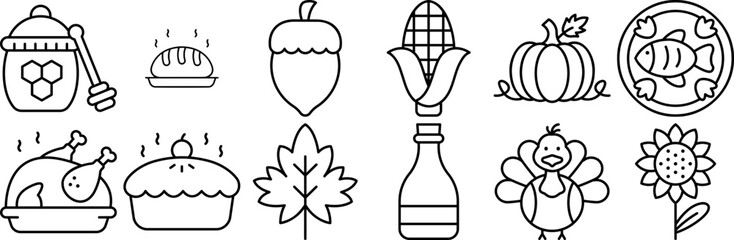 Mega Set Of Vector Thanksgiving Day 3 Line Icons Web Header Banner Design Containing Food,Thanksgiving,Celebration,Harvest,Nature Stroke Icon Collection. Vector Illustration