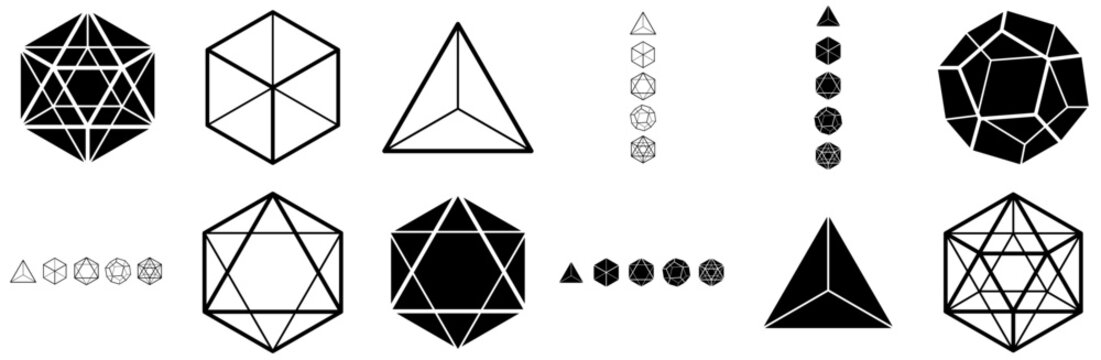 Set Of The Five Platonic Solids Isolated Silhouette Solid Icons With 3D,Platonic-Solids,Polyhedral,Geometry,Dice Vector Icon Set Linear Pictogram Pack