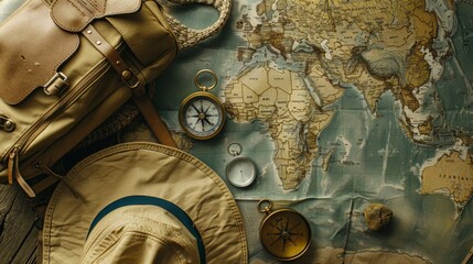 Fototapeta premium Planning your adventure: Travel essentials on a vintage map. Backpack, hat, compass, and other travel accessories on a map.