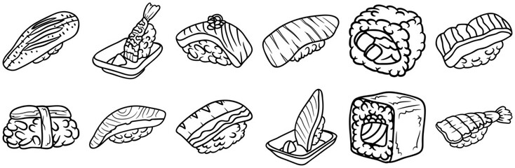 Set Of Linear Sushi Outline Icons Collection Isolated Silhouette Solid Icons Including Fish-Meat,Sushi,Nigiri,Food,Maki Stroke Icon Collection. Vector Illustration